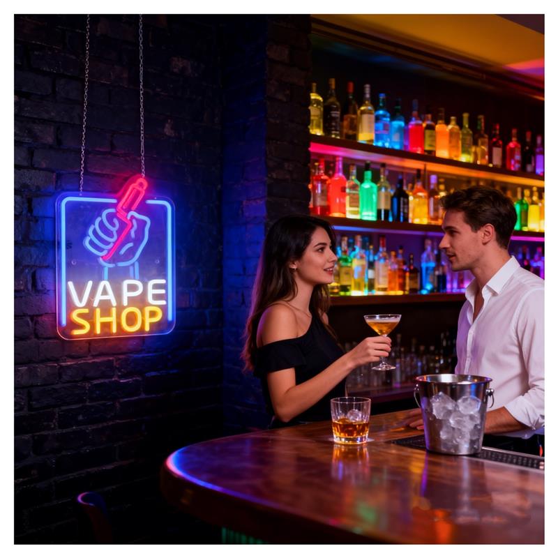 Neonowy szyld Vape Shop, ręka  – Vaping Store recenzja i cena