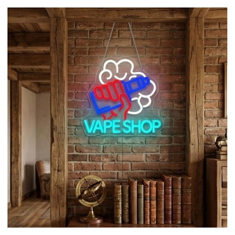 Neonowy szyld Vape Shop, ręka  – Vaping Store recenzja i cena